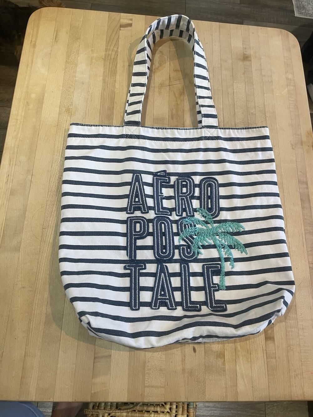 Aeropostale Logo White Blue Striped Canvas Palm Tree Embroidered Bag Tote Beach